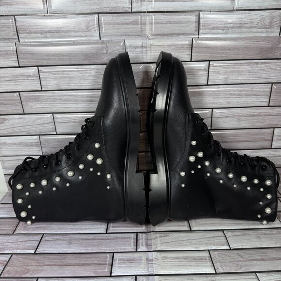 Stuart Weitzman Women's Black Mcknzee Pearl Studded Leather Combat Boots Size 9 - Picture 5 of 7